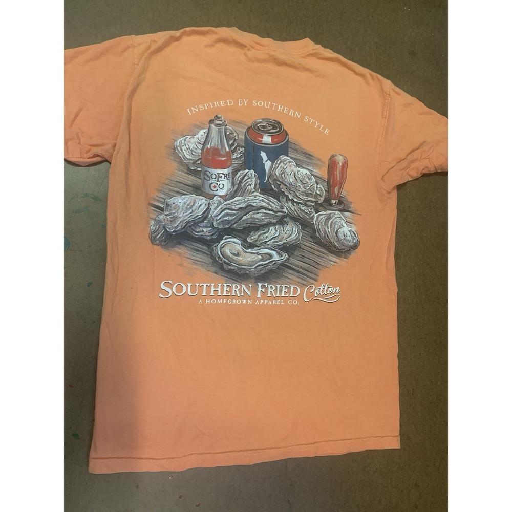 Adult Unisex Small Southern Fried Cotton Oysters Hot Sauce‎ Tshirt Peach